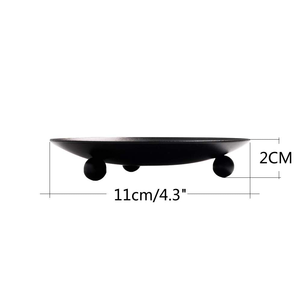 Black Iron Plate Candle Holder, Decorative Iron Pillar Candle Plate, Set of 2, 4.37 inches D x 0.78 inches H, Pedestal Candle Stand for LED & Wax Candles, Incense Cones, Spa, Weddings (2 pcs)