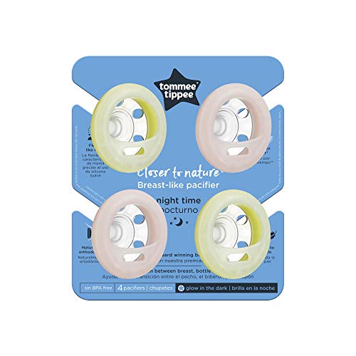 Tommee Tippee Breast-like Night Pacifier, 0-6 Months with Breast-like Shape and Glow in The Dark Technology, 4-Count, Pink/Yellow