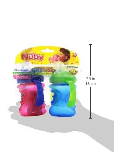 Nuby Plastic 2-Pack Tow-Handle No-Spill Super Spout Grip N' Sip Cup, 8oz, Blue and Green