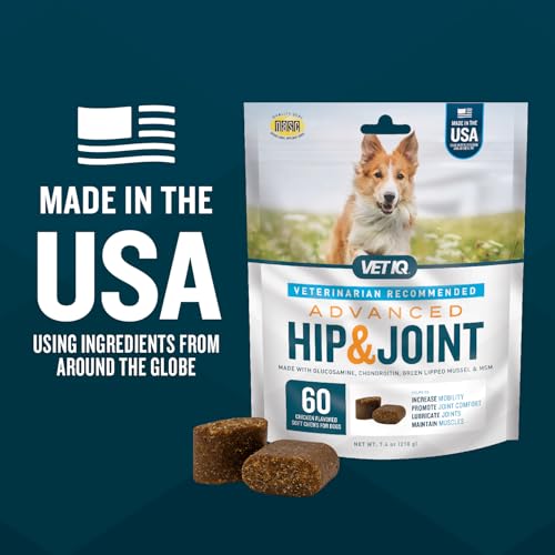 VetIQ Advanced Hip & Joint Chews For Dogs, 60 Count, Chicken Flavored Supplements Made with Glucosamine, Omega 3’s, Chondroitin, MSM, and Green Lipped Mussel, Increases Mobility and Maintains Muscles