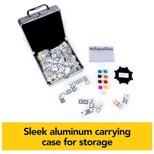 Mexican Train Dominoes Set Tile Board Game in Aluminum Carry Case with Colorful Trains for Family Game Night, for Adults and Kids Ages 8 and up