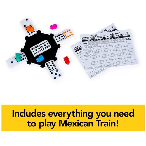 Mexican Train Dominoes Set Tile Board Game in Aluminum Carry Case with Colorful Trains for Family Game Night, for Adults and Kids Ages 8 and up