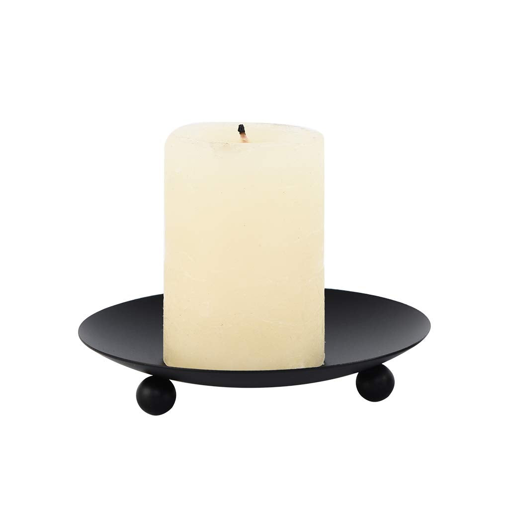 Black Iron Plate Candle Holder, Decorative Iron Pillar Candle Plate, Set of 2, 4.37 inches D x 0.78 inches H, Pedestal Candle Stand for LED & Wax Candles, Incense Cones, Spa, Weddings (2 pcs)
