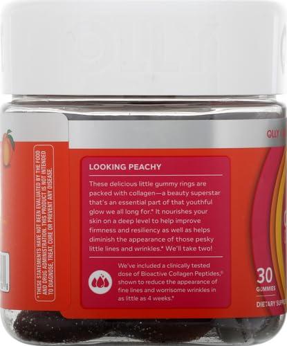 OLLY Collagen Gummy Rings, 2.5g of Clinically Tested Collagen, Boost Skin Elasticity & Reduce Wrinkles, Adult Supplement, Peach Flavor, 30 Count