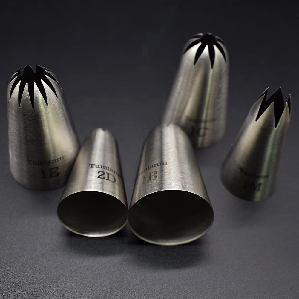Tumtanm 5 Pack Extra Large Piping Nozzles, 1B 1C 1E 1M 2D# Seamless Stainless Steel Piping Icing Tips for Cupcakes