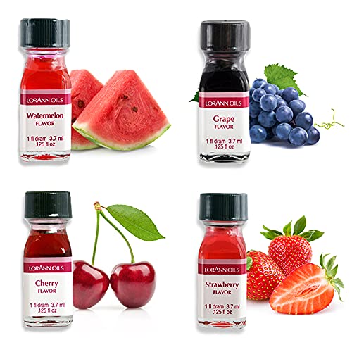 LorAnn Super Strength Fruity Flavors in 1 dram bottles (.0125 fl oz - 3.7ml), Watermelon, Grape, Cherry, and Strawberry