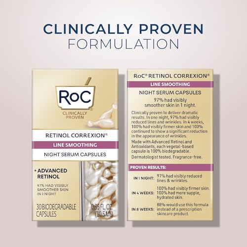 RoC Retinol Correxion Anti-Aging Wrinkle Night Serum, Daily Line Smoothing Skin Care Treatment for Fine Lines, Post-Acne Scars, 30 Individual Capsules, Unscented, 0.35 Fl Oz