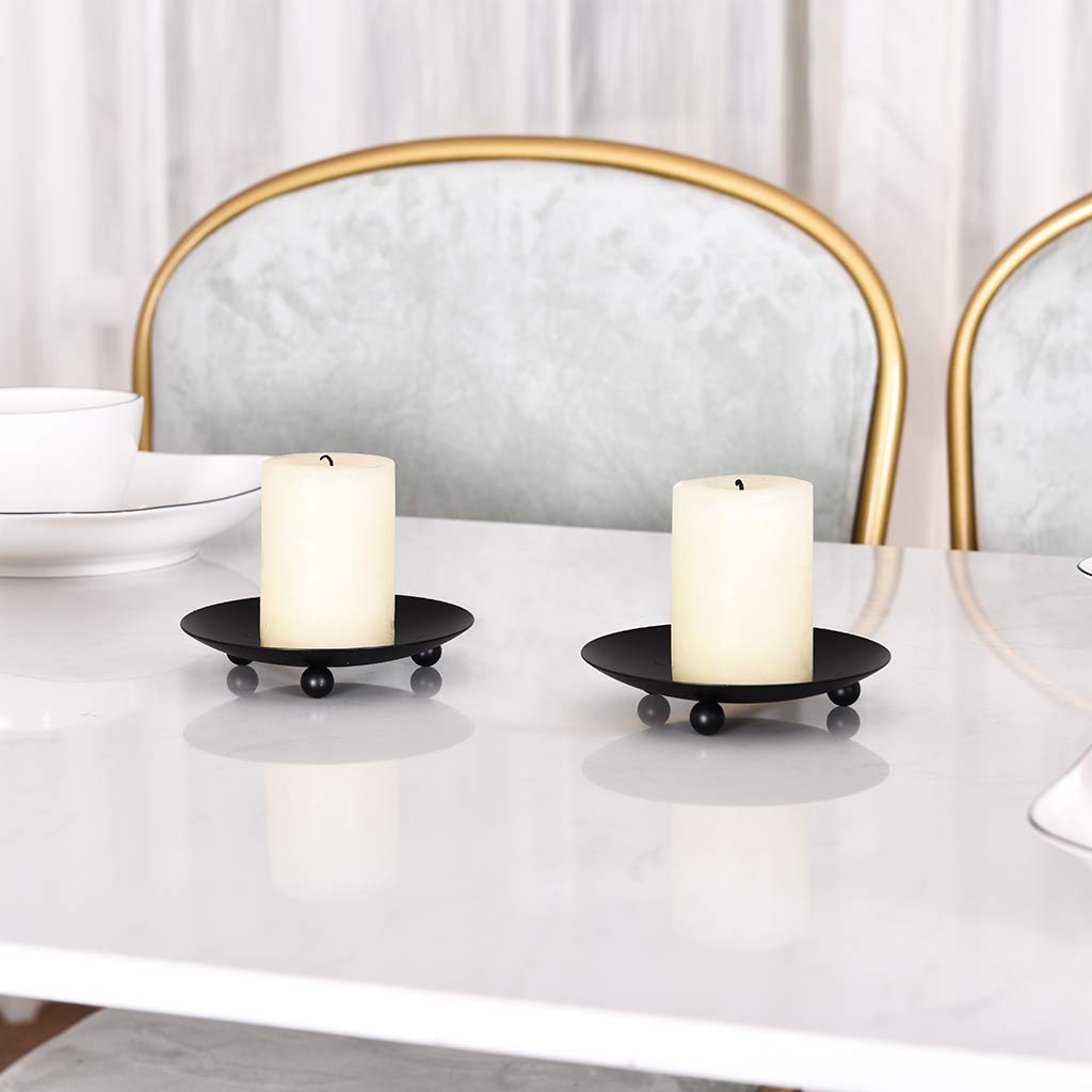 Black Iron Plate Candle Holder, Decorative Iron Pillar Candle Plate, Set of 2, 4.37 inches D x 0.78 inches H, Pedestal Candle Stand for LED & Wax Candles, Incense Cones, Spa, Weddings (2 pcs)