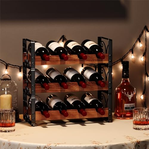 X-cosrack 3 Tier Wine Rack for 12 Bottles, Stackable Wine Organizer, Freestanding Wine Bottle Holder for Kitchen Counter or Bar, Durable Wooden & Iron Display Shelf with Patent Design