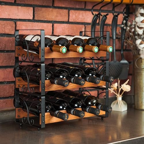 X-cosrack 3 Tier Wine Rack for 12 Bottles, Stackable Wine Organizer, Freestanding Wine Bottle Holder for Kitchen Counter or Bar, Durable Wooden & Iron Display Shelf with Patent Design