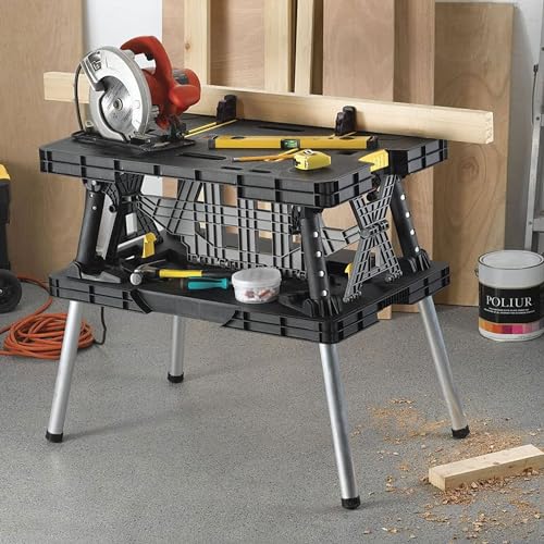 Keter Folding Worktable, Heavy-Duty, All-Weather Portable Workbench for DIY Home Improvements & Professional Worksites, 12" Clamps, 1,000 Lbs Capacity