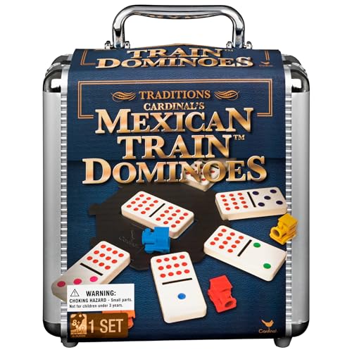 Mexican Train Dominoes Set Tile Board Game in Aluminum Carry Case with Colorful Trains for Family Game Night, for Adults and Kids Ages 8 and up