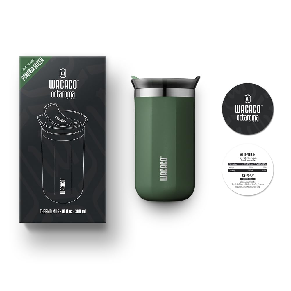 WACACO Octaroma Lungo Vacuum Insulated Coffee Mug, Double-wall Stainless Steel Travel Tumbler With Drinking Lid, 10 fl oz(300ml)， Pomona Green