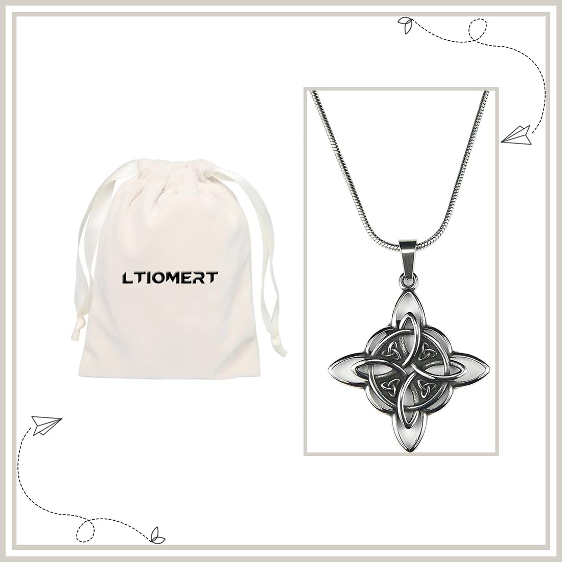Ltiomert Ann Claridge Witches Knot Necklace, with 18" Snake chain, Witch's Star the Magic Knot Wiccan Pendant 4-Pointed Celtic Star Charm Triquetra Wicca Magick Pure Stainless