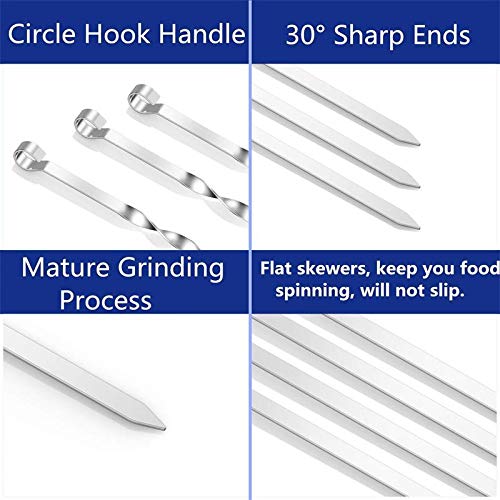 12PCS Kabob Skewers Flat Metal BBQ Barbecue Skewer 14" Long Stainless Steel Shish Kebob Sticks Wide Reusable Grilling Skewers Set for Meat Shrimp