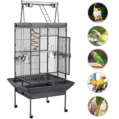 Yaheetech 69-inch Wrought Iron Rolling Large Parrot Bird Cage for African Grey Small Quaker Amazon Cockatiel Sun Parakeet Green Cheek Conure Dove Lovebird Budgie Play Top with Stand