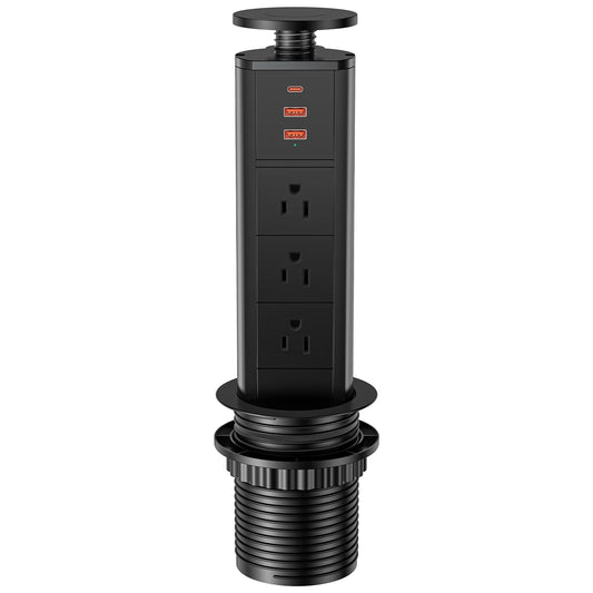 BTU Pop Up Outlet with USB Ports, Pop Up Outlet for Countertop with 3 AC Outlet, 2 USB A Ports and 1 USB C Port Hidden Outlet Plug Pop Up Outlet for Kitchen Countertop Conference Office, Black