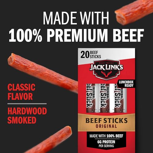 Jack Link's Beef Sticks, Original – Protein Snack, Meat Stick with 6g of Protein, Made with 100% Beef, Individually Wrapped Beef Snack Sticks – 0.92 Oz. (20 Count)
