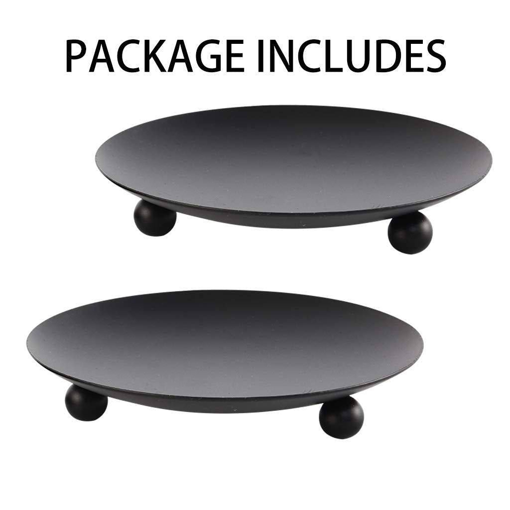 Black Iron Plate Candle Holder, Decorative Iron Pillar Candle Plate, Set of 2, 4.37 inches D x 0.78 inches H, Pedestal Candle Stand for LED & Wax Candles, Incense Cones, Spa, Weddings (2 pcs)