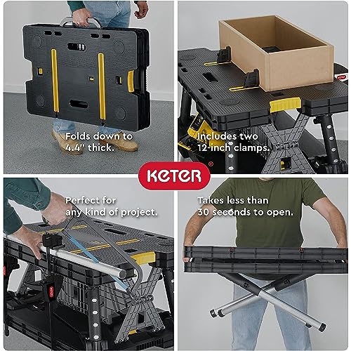 Keter Folding Worktable, Heavy-Duty, All-Weather Portable Workbench for DIY Home Improvements & Professional Worksites, 12" Clamps, 1,000 Lbs Capacity