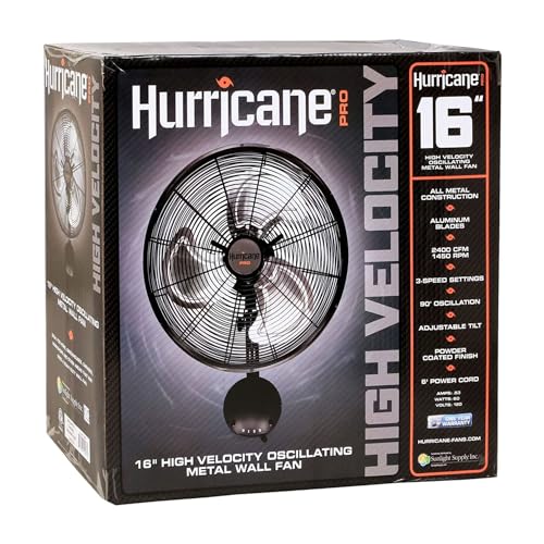 Hurricane 16 Inch Pro High Velocity Corded Electric Classic Oscillating Wall Mount Fan with 3 Speed Settings for Air Circulation, Black