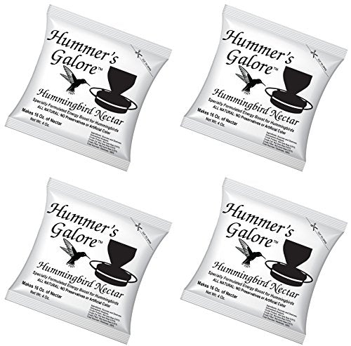 Hummer's Galore Hummingbird Food - Ready-to-Mix Hummingbird Nectar, All-Natural Nectar Collector Formula, No Preservatives or Dyes, Makes 64 Ounces (4 Packets Included)