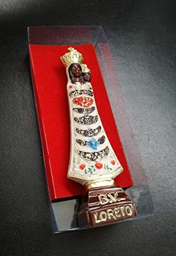 White Statue of Our Lady of Loreto - Hand Painted - Black Madonna and Christ - H 5,5 in
