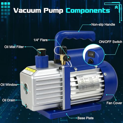 ZENY 3.5CFM Single-Stage 5 Pa Rotary Vane Economy Vacuum Pump 3 CFM 1/4HP Air Conditioner Refrigerant HVAC Air Tool R410a 1/4" Flare Inlet Port, Blue