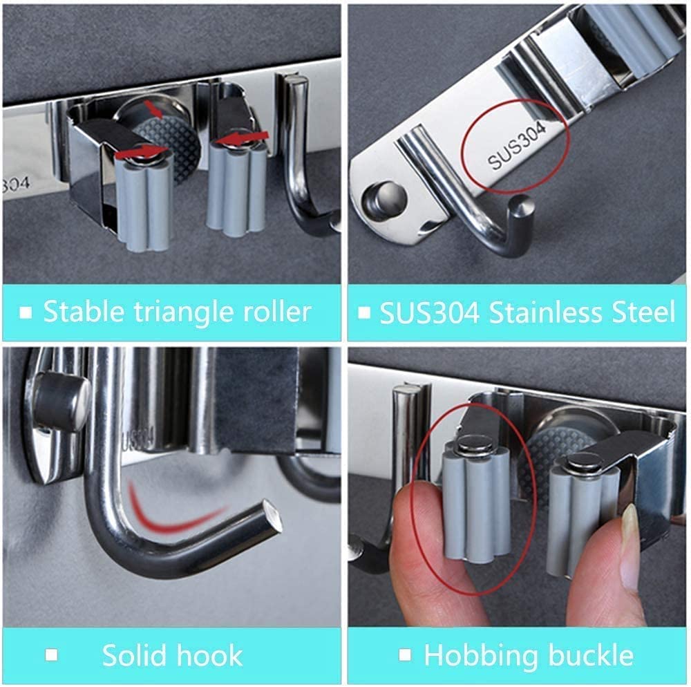 Saxhorn Broom Mop Holder Wall Mount Stainless Steel Tool Hanger Storage Organizer for Home, Kitchen, Garage, Garden, Laundry Room, Bathroom Organization and Storage(4 Racks 5 Hooks)