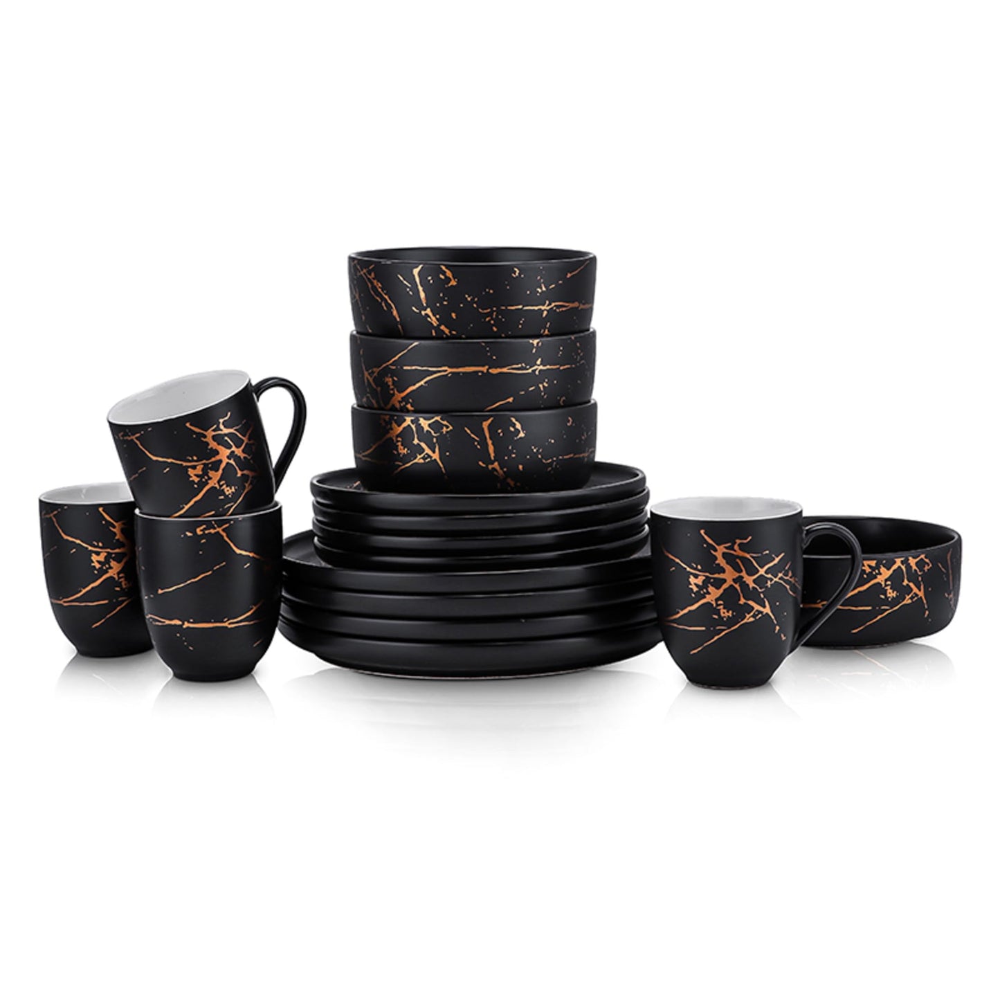 Stone Lain Modern Splash Exquisite Fine China Dinnerware Set, 16 Piece - Service for 4, Black & Gold