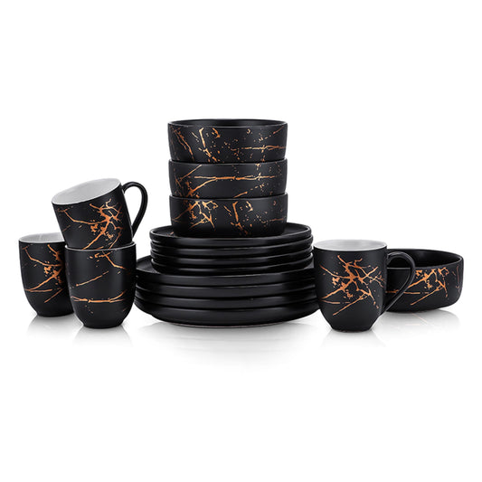 Stone Lain Modern Splash Exquisite Fine China Dinnerware Set, 16 Piece - Service for 4, Black & Gold