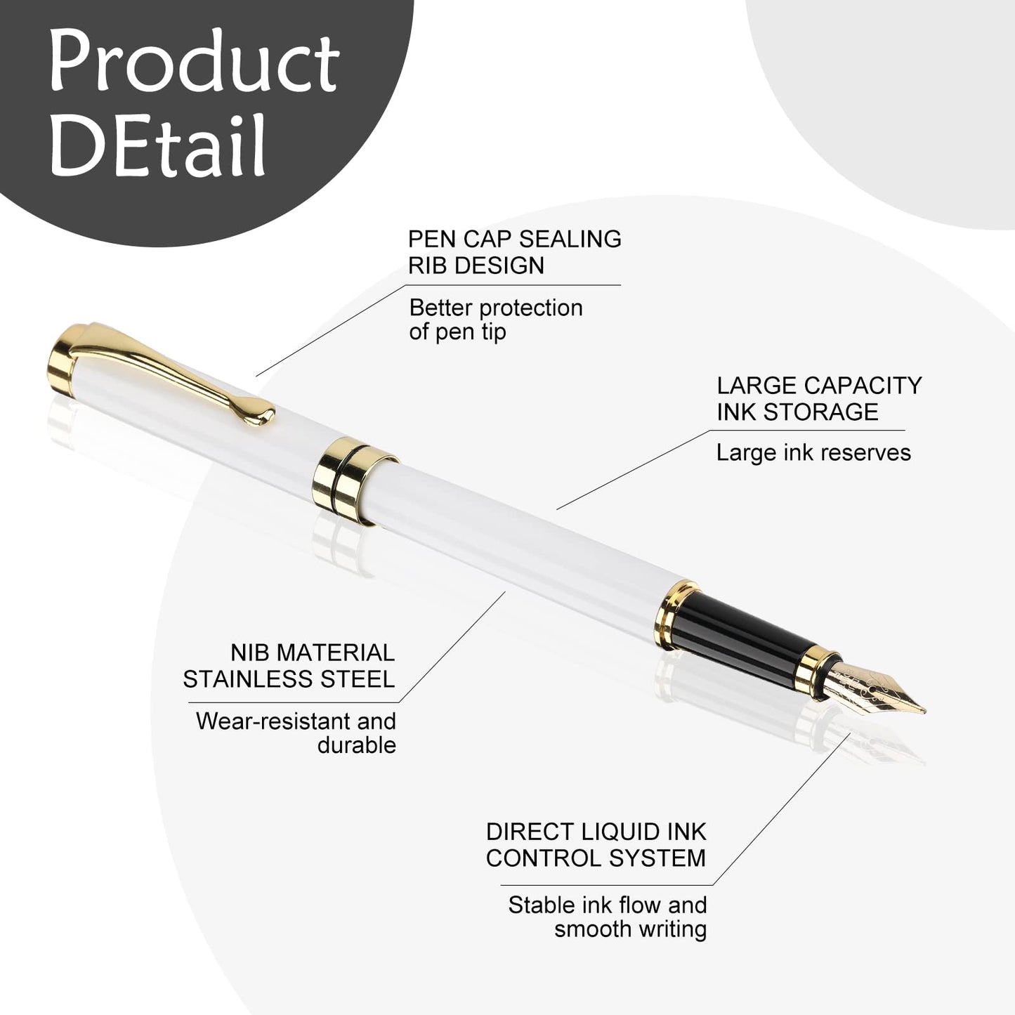 Tiankool Luxury Fountain Pen,Fine Nib, Exquisite Pen Gift Set for Men&Women-Includes 10 Ink Cartridges&Ink Converter- Nice Pens - White