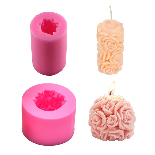 Fewo 2 Pack 3D Rose Candle Molds Cylinder and Sphere Shape Rose Flower Silicone Molds for Making DIY Homemade Beeswax Candles Bath Bomb Mini Soap Lotion Bar Wax Melts