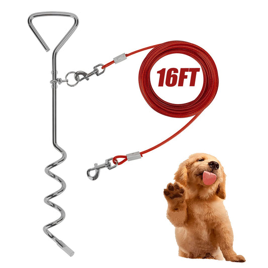 Darkyazi Dog Stake Tie Out Cable and Reflective Stake 16 ft Outdoor, Yard and Camping, for Medium to Large Dogs Up to 125 lbs (16ft Cable, 18" Stake, Red)