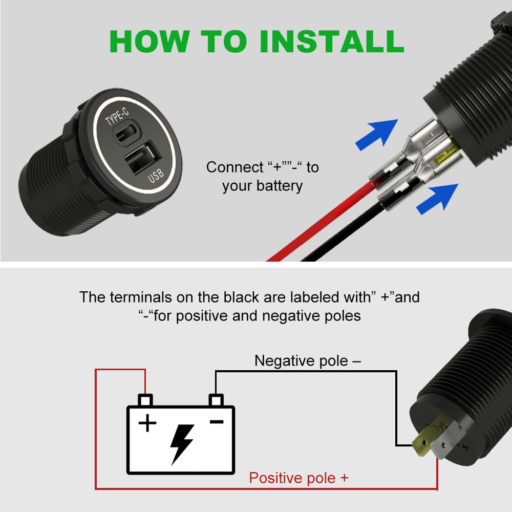 DAMAVO YM1218 USB Type C 28W Fast charger Waterproof with Cap Type C USB Car Charger Socket 9V-36V for Car, Boat, Golf Cart, Bus, RV, Golf, Automotive Marine ATV Truck