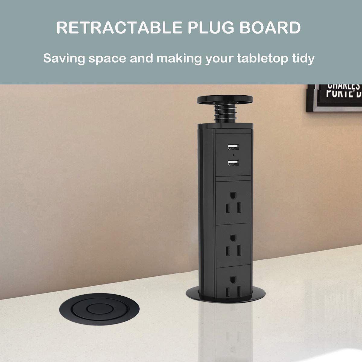 Pop Up Outlet for Kitchen Countertop,2.5" Hole Size Grommet Power Pop Out Outlet with USB,Pulling Pop Up Socket for Home,Office Worktop,Telescoping Power Solution,6ft Power Cord(Black)