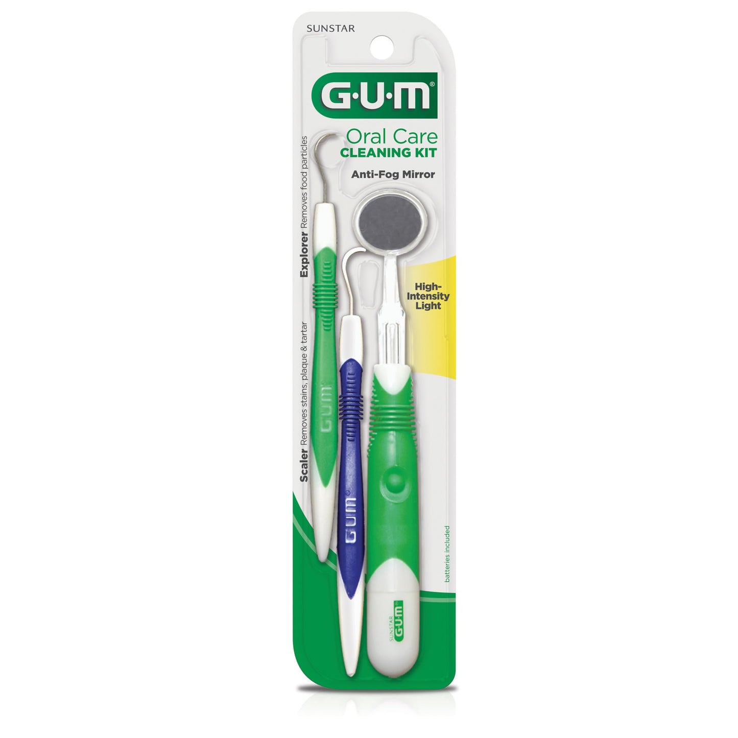 GUM Oral Care Dental Cleaning Kit, Dental Mirror with Light, Explorer Pick, and Dental Scaler, Professional Quality Stainless Steel Dental Tools, Easy-Grip Handle (Pack of 1)