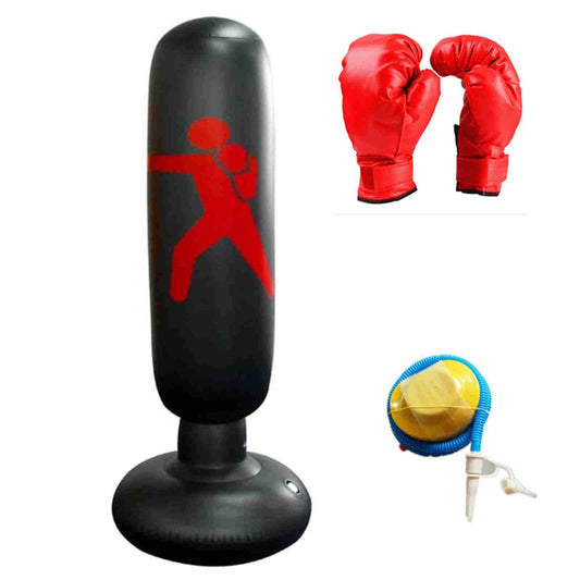 Shlia 62.4-Inch Inflatable Boxing Column Vertical Adult Inflatable Boxing Punching Bags Inflatable Tumbler (Includes PU Leather Adult Boxing Gloves and 4-inch Foot Pump.) (Black)