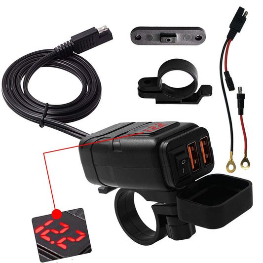 SAE to USB Adapter Motorcycle Handlebar Phone Charger Waterproof BUENNUS Smart Quick Charge 3.0 Easy Disconnect Power Outlet Plug with Voltage Meter Dual QC3.0 USB Charger