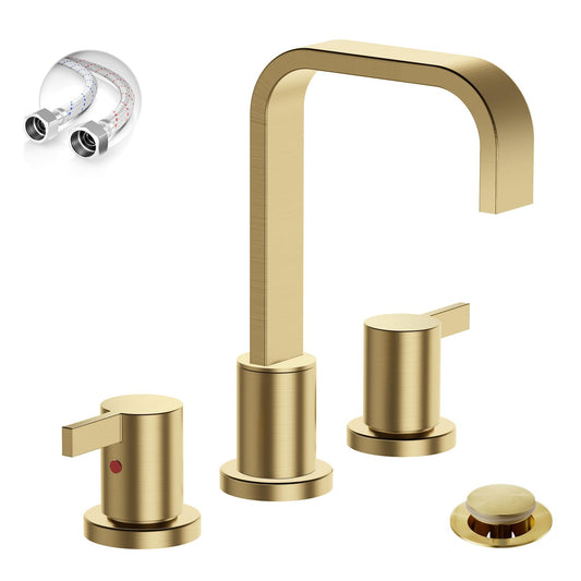 Phiestina Brushed Gold 8 Inch 3 Hole 2 Handle Waterfall Widespread Bathroom Sink Faucet, Bathroom Faucet with Metal Pop Up Drain and Water Supply Line, WF040B-1-BG