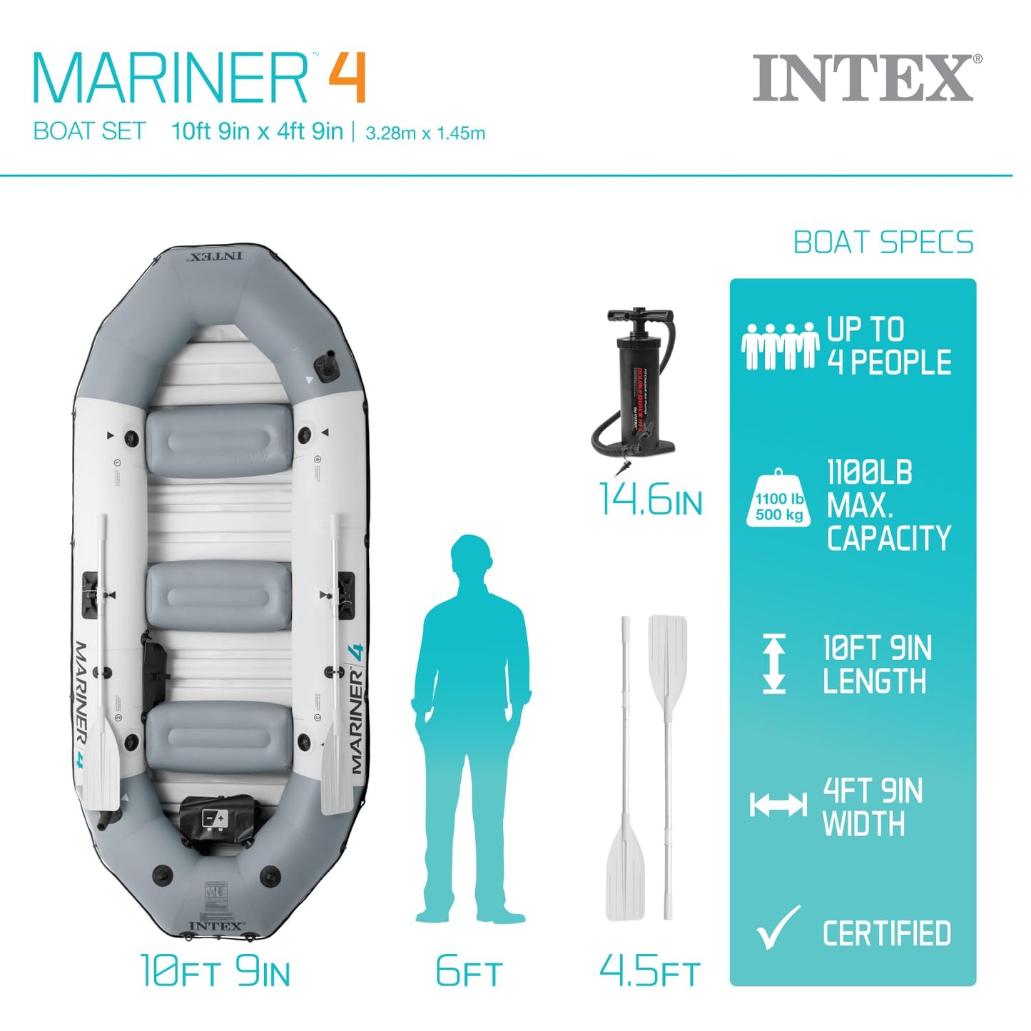 INTEX 68376EP Mariner 4 Inflatable Boat Set: Includes Deluxe 54in Boat Oars and High-Output Pump – Wear-Resistant Keel – Removable Fishing Rod Holders – 4-Person – 1100lb Weight Capacity