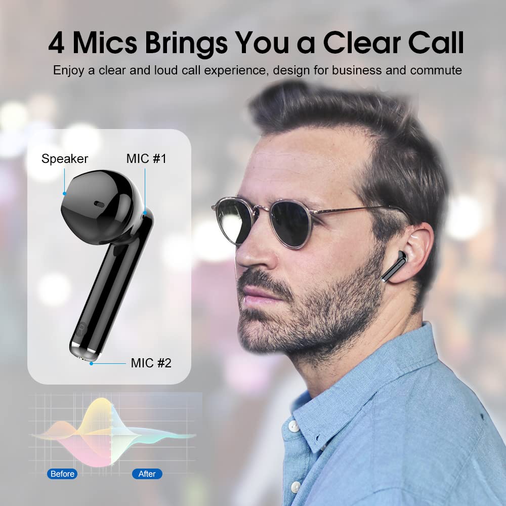 Wireless Earbuds Bluetooth 5.3 Headphones with 4-Mics Clear Call and ENC Noise Cancelling, Bluetooth Earbuds Touch Control Stereo Sound with LED Display, Waterproof Running Headphones for Workout