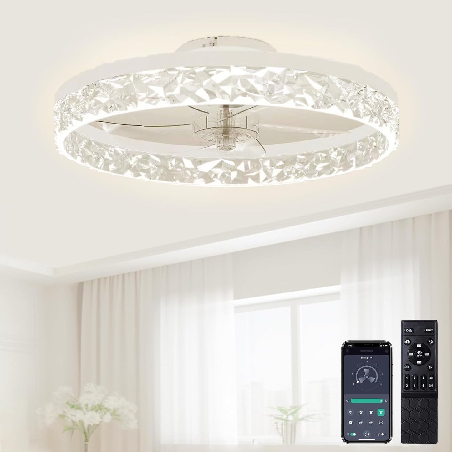 YOUHOO 19.7" Ceiling Fan with Lights, Dimmable LED 3 Color 6 Speeds Timing Reversible Blades with Remote Control, Household Fan Chandelier, indoor Low Profile Flush Mount Ceiling Fan