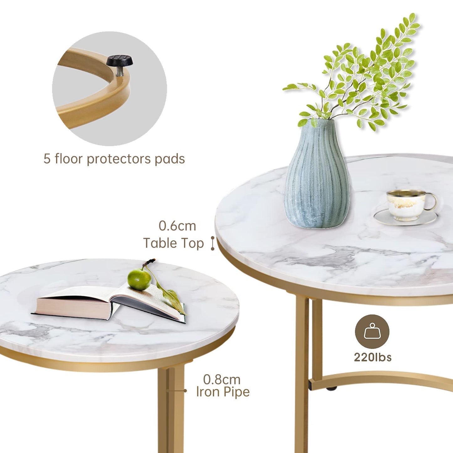 aboxoo Coffee Table Nesting White Set of 2 Side Set Golden Frame Circular Round and Marble Pattern Wooden Tables, Living Room Bedroom Apartment Modern