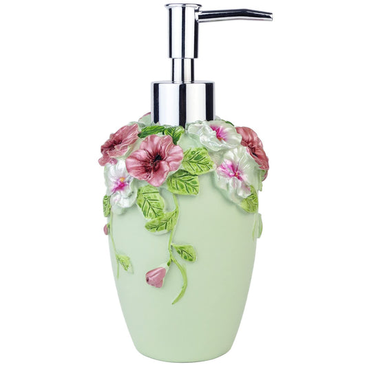 Vintage Soap Dispenser, Flower Lotion Soap Dispenser with Luxury Decorative - Resin - Colorful Painted by Hand Soap Dispenser for Bathroom, Kitchen Counter, Beauty Shop, Hotel (10 oz/300 ml, Green)