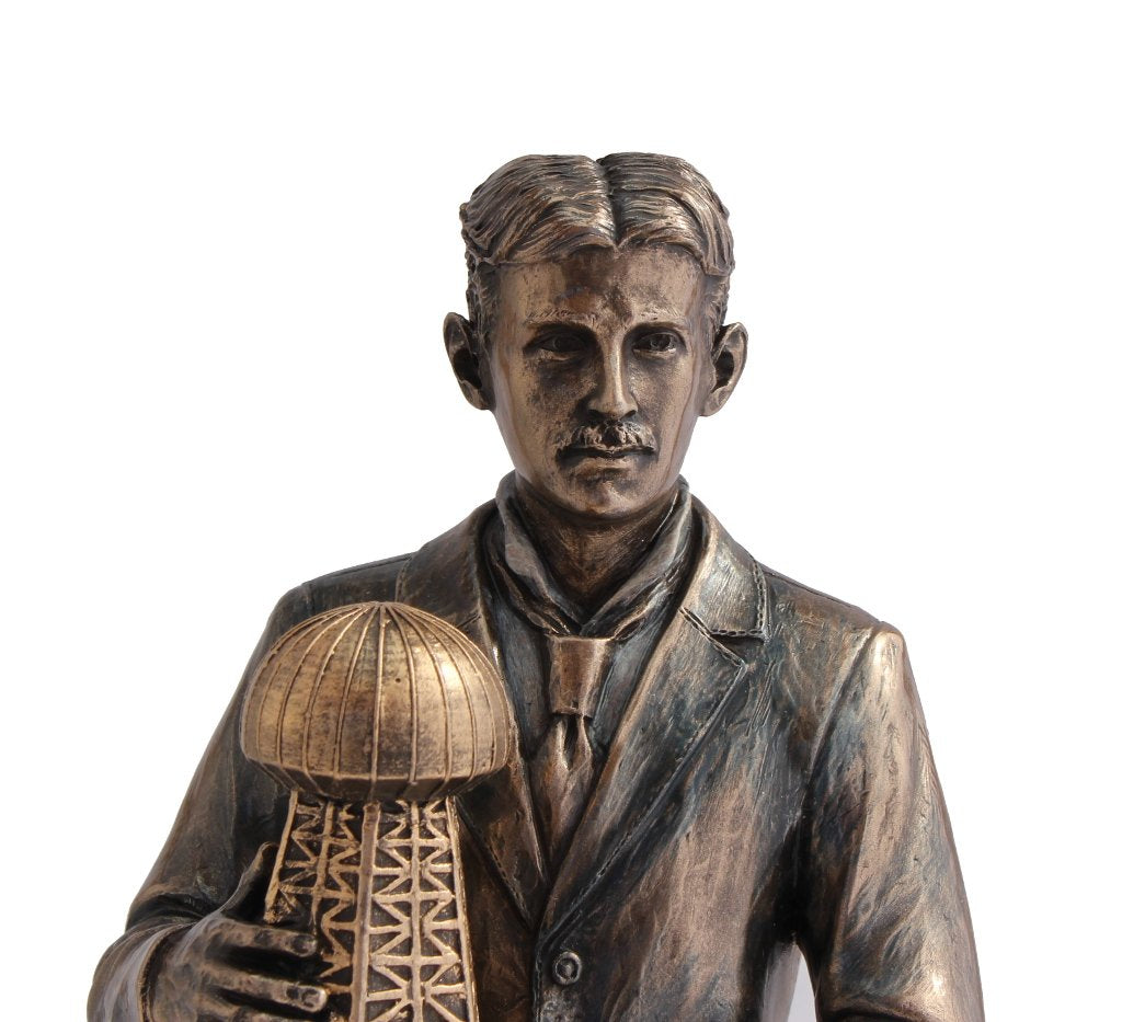 Veronese Design 12" Tall Nikola Tesla Holding a Model of Wardenclyffe Tower Statue Cold Cast Resin Antique Bronze Finish Sculpture