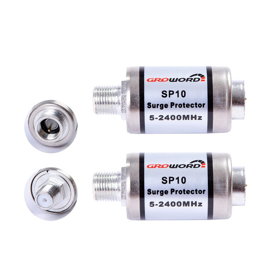 groword Coaxial Surge Lightning Protector for Coaxial TV Antenna and Satellite in-Line 75 Ohm 5-2500MHz, 2 Pack Hum/Buzz/Noise Eliminator,Low Loss (5-2400MHz)