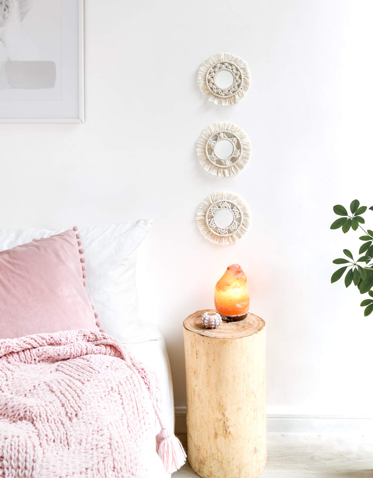 Mkono Mini Round Wall Mirror with Macrame Fringe Set of 3 Small Wall Hanging Circle Mirror Boho Home Decor for Apartment Living Room Bedroom Baby Nursery,Beautiful Gift Ideas, 2.7''D, X-Small