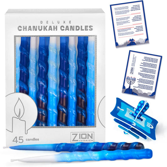 Zion Judaica Ltd Set of 45 Dripless Hanukkah Candles Spiral Candle Includes a DIY Dreidel, Prayer Card, Standard Size Menorah Candles for Eight Nights of Chanukah, Multi Tone Blue and White Ombre