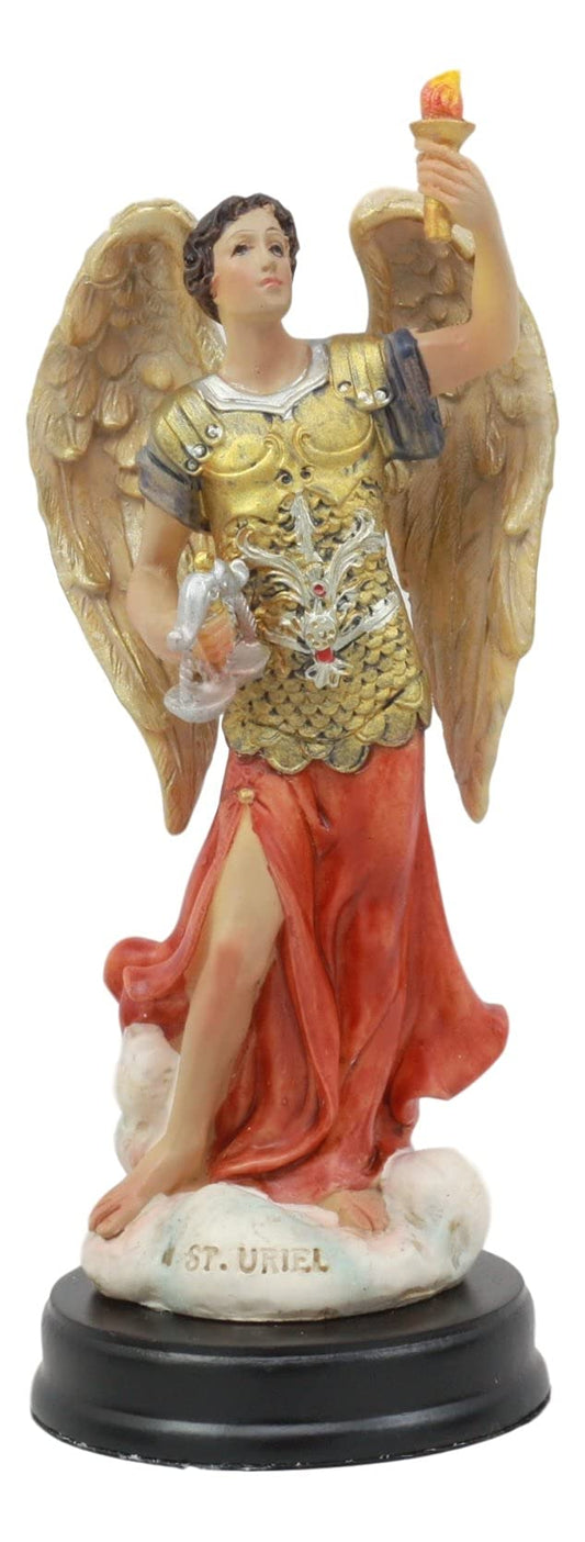 Ebros Catholic Church Archangel Saint Uriel with Holy Spirit Torch Statue with Brass Plated Title Wood Base 5.75" Tall Christian Devotional Altar Sculpture